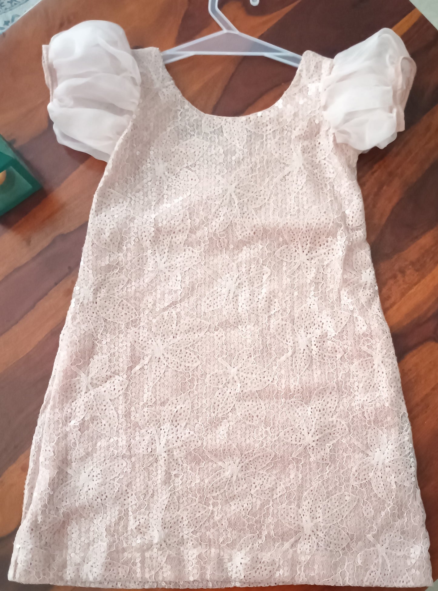 Short puff sleeved A-line dress in blush pink sequence