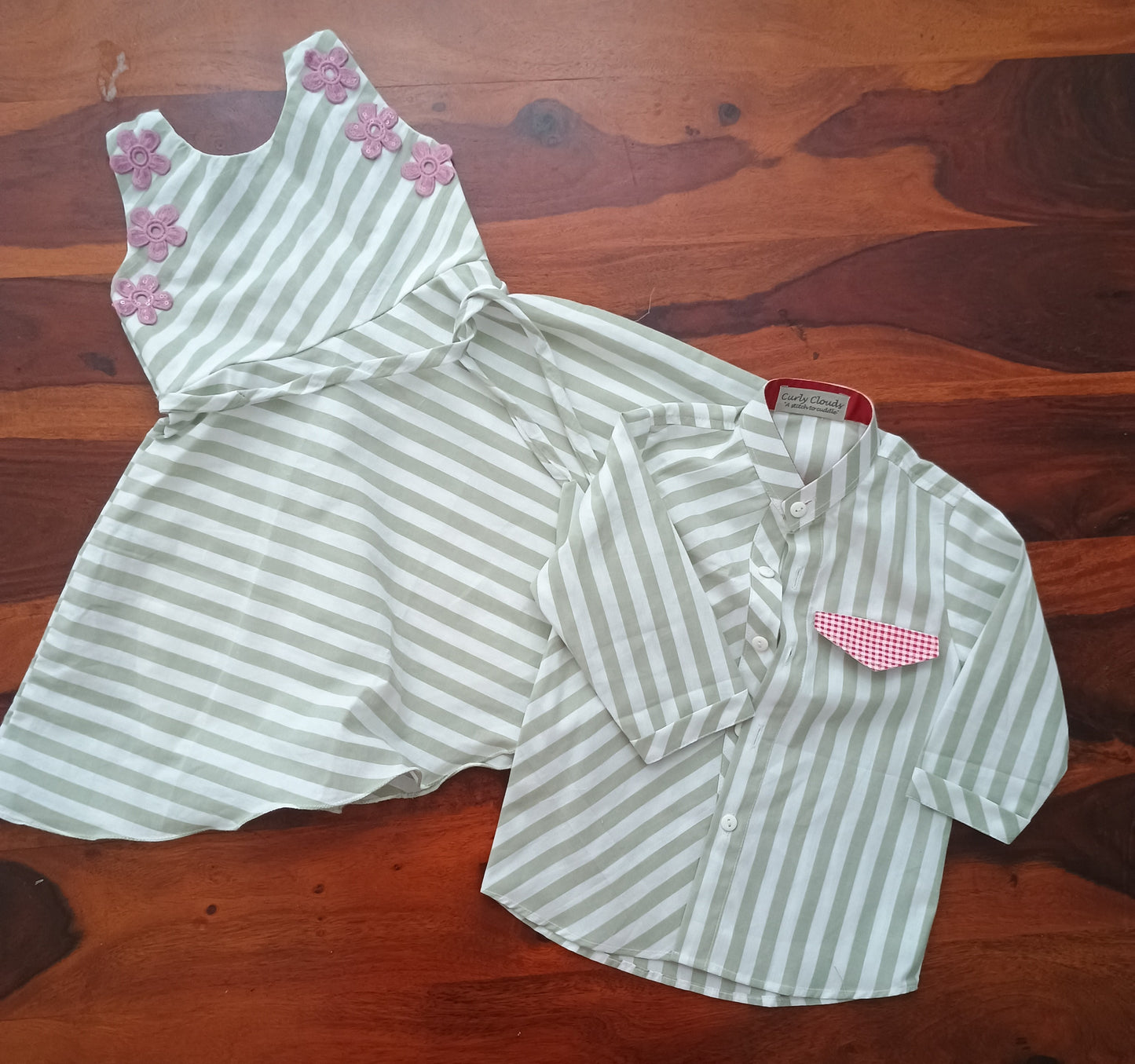 Sleeveless cotton green white stripes frock