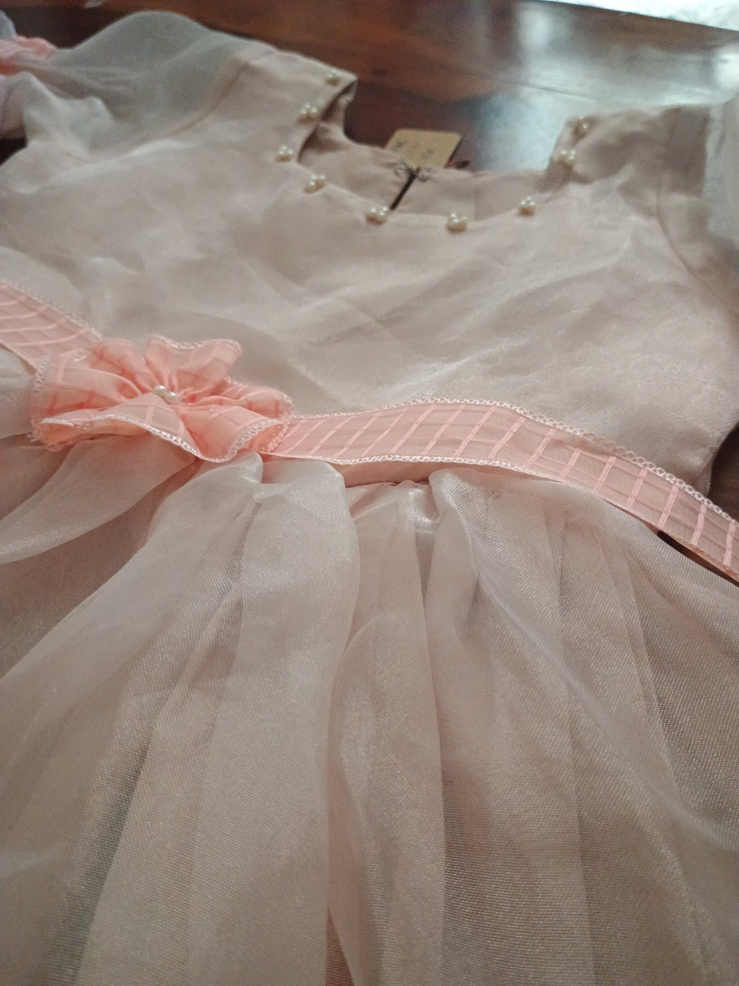 Delicate peaches flare sleeve dress in organza