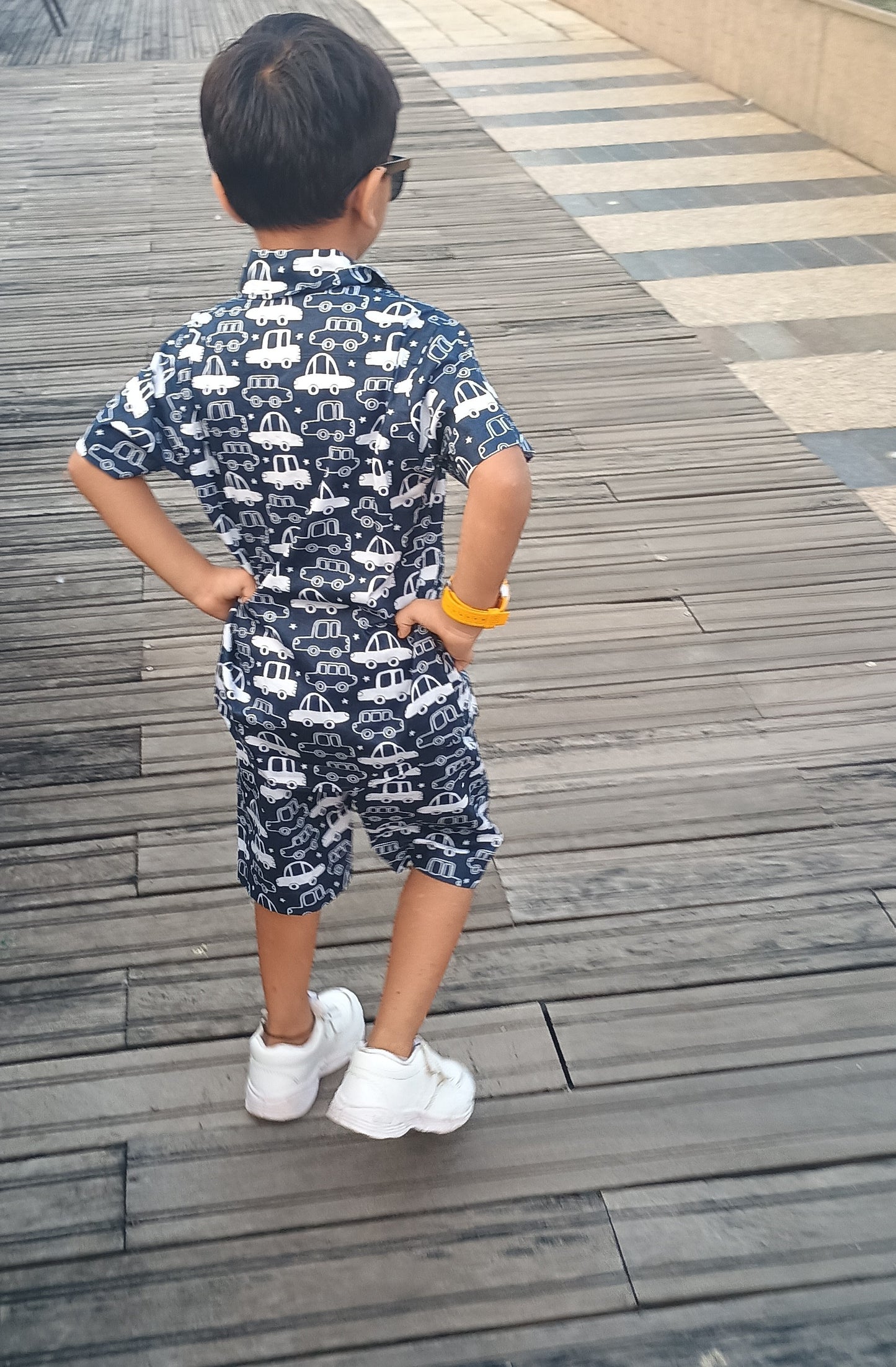 Co ord set in Navy Blue with cartoon car print