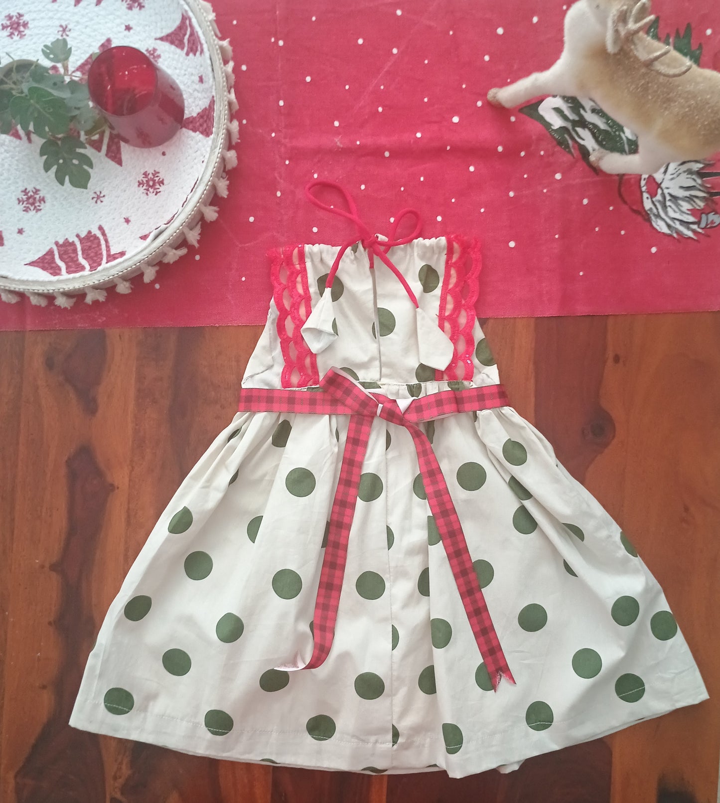 Christmas Edit.. Green polka in a nude shade cotton dress