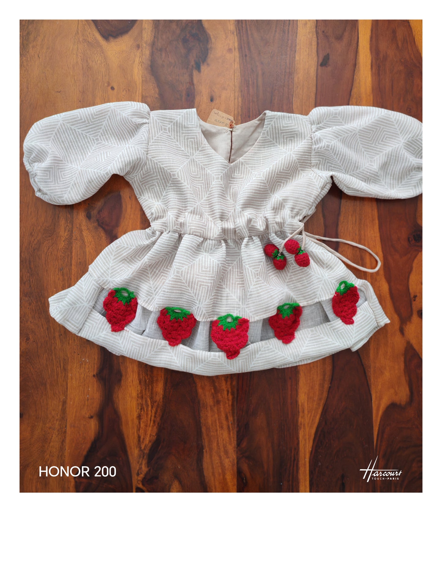Beige geometrical co ord set with crocheted strawberry