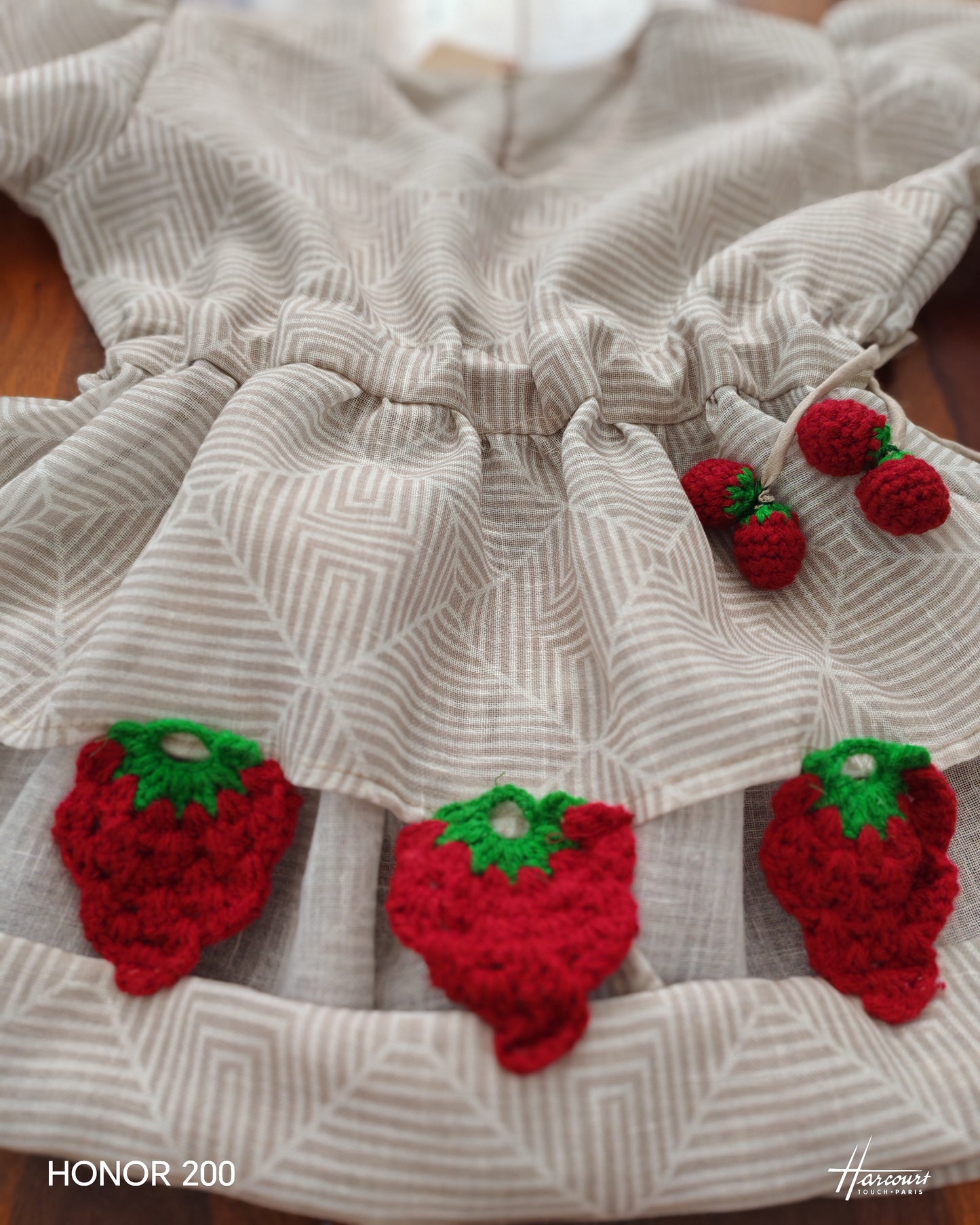 Beige geometrical co ord set with crocheted strawberry
