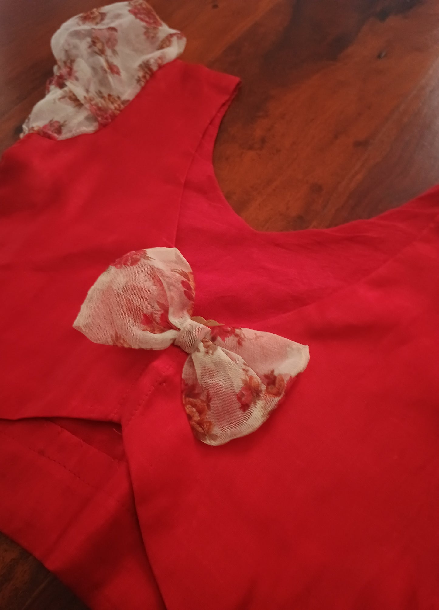 Red crop top with layered floral organza skirt