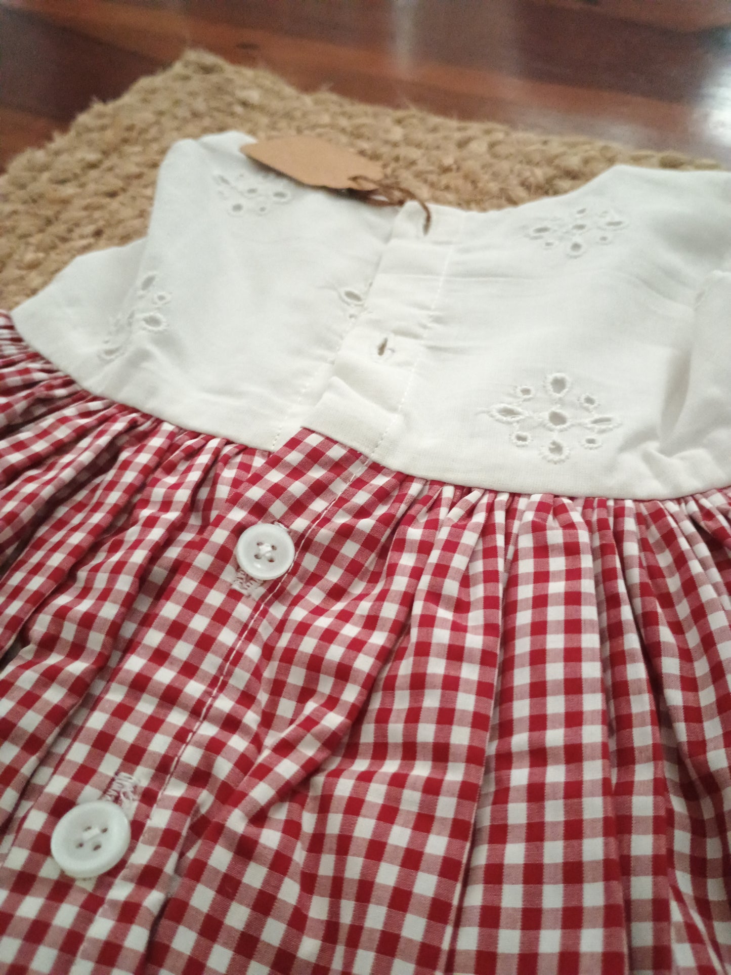 White hakoba red checks dress