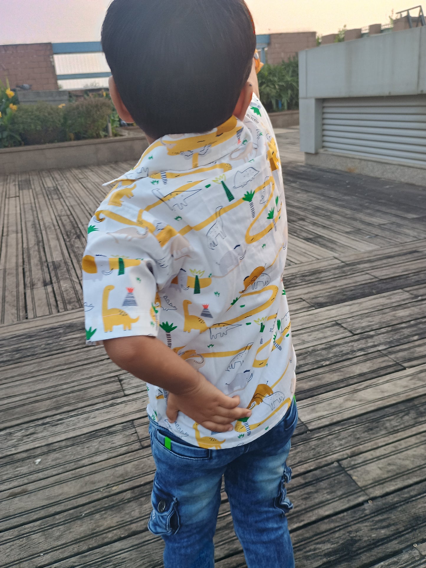 Pure Cotton Shirt with Yellow Dino Print