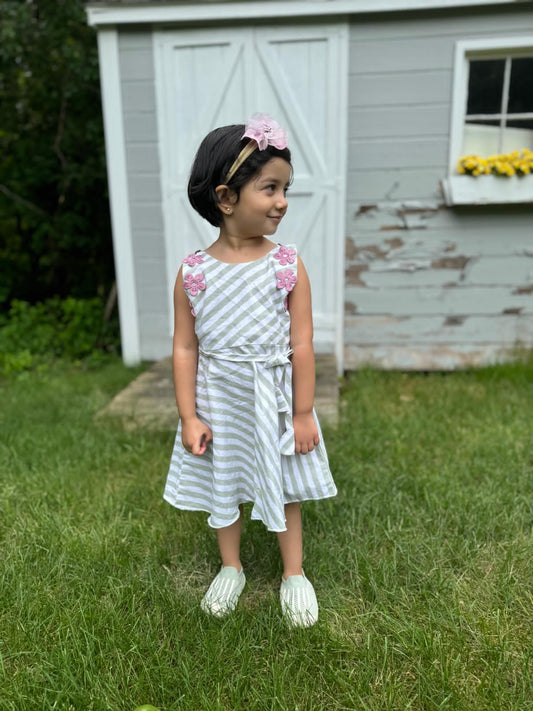 Sleeveless cotton green white stripes frock