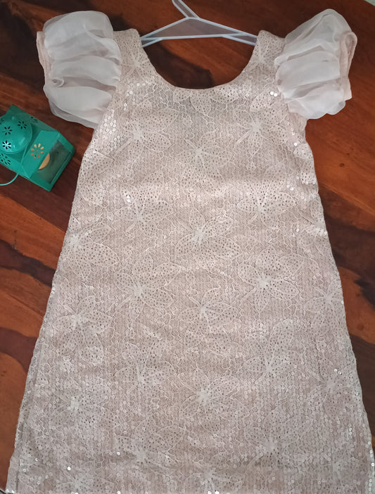 Short puff sleeved A-line dress in blush pink sequence