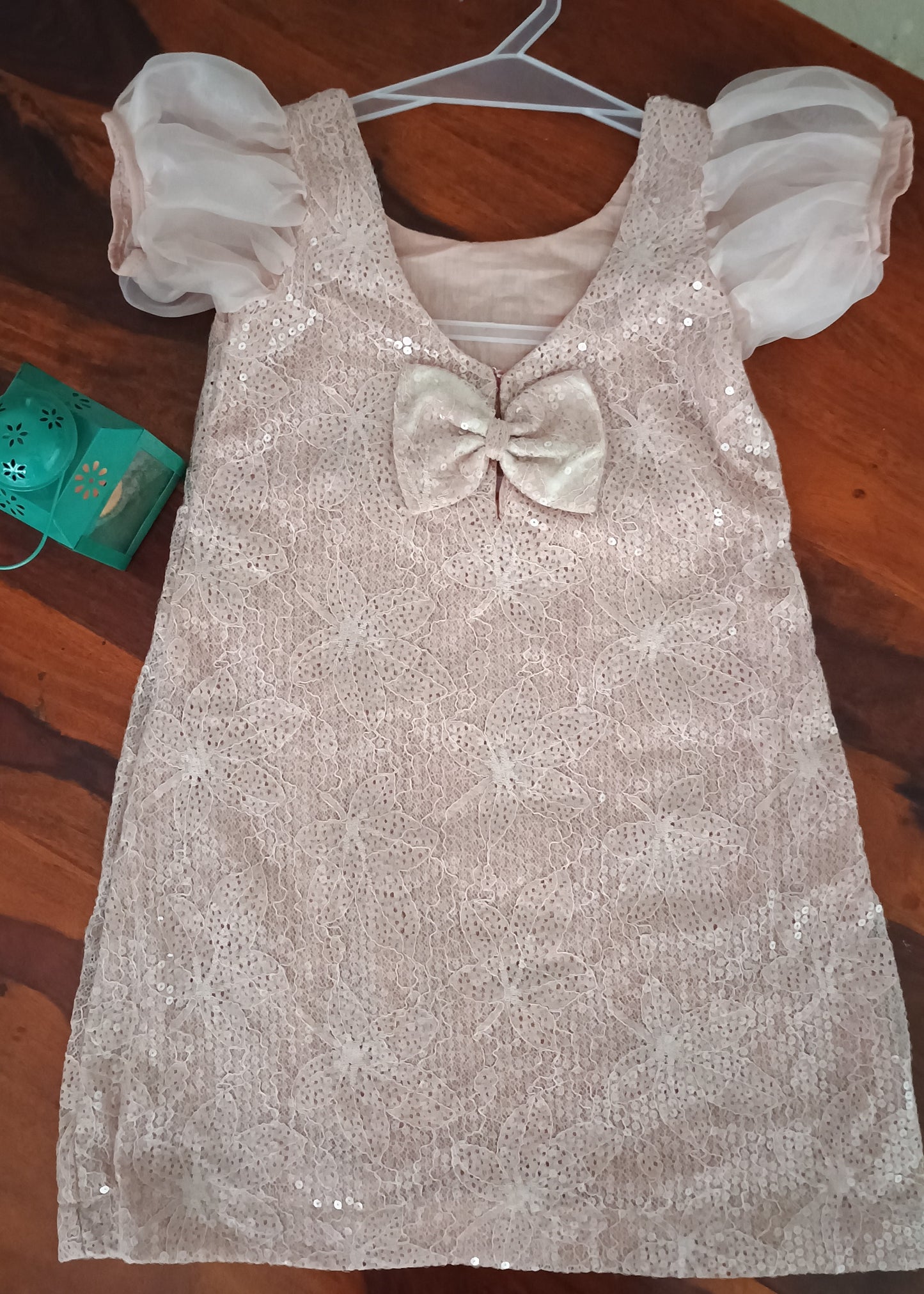 Short puff sleeved A-line dress in blush pink sequence