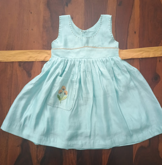 Sleeveless linen satin light blue gathered frock with embroidery