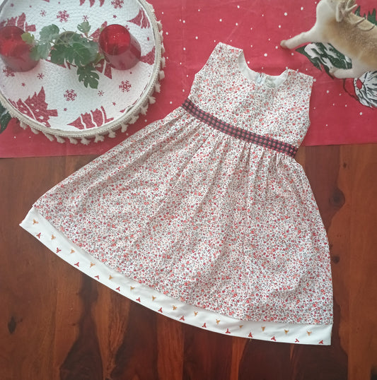 Christmas Edit ..Floral print dress with black white checkered ribbon