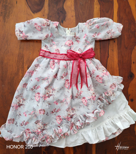 Short puff sleeved gathered dress in pale blue grey