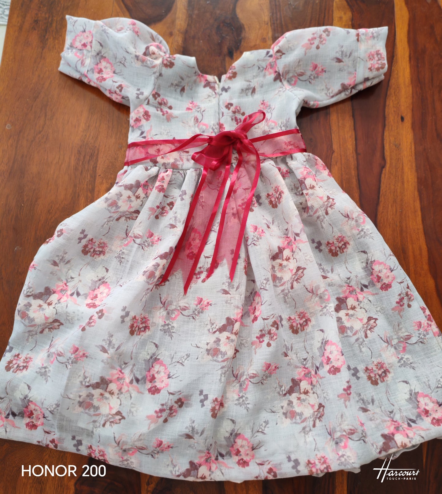 Short puff sleeved gathered dress in pale blue grey