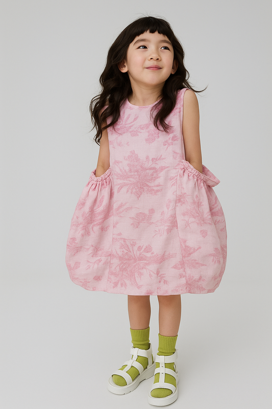 Pink floral linen balloon dress
