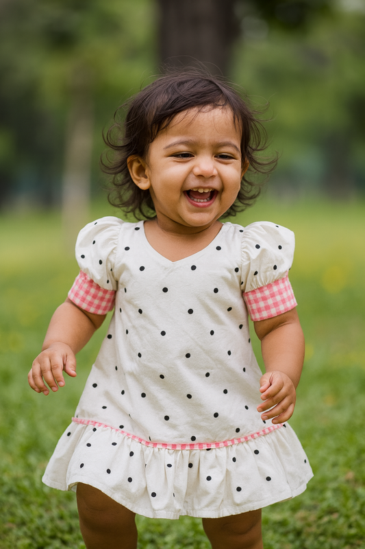 White with black polka balloon dress