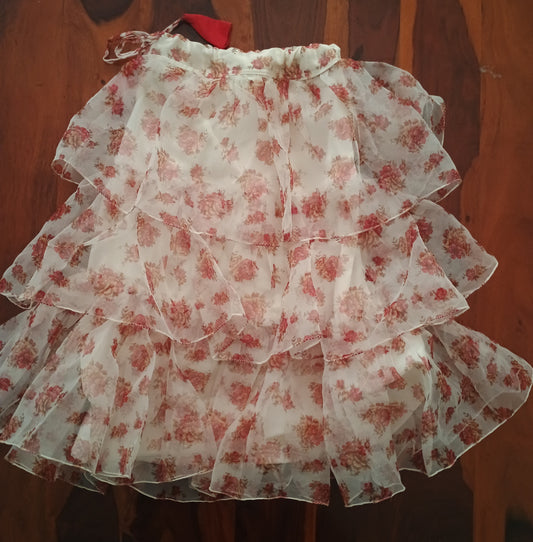 Red crop top with layered floral organza skirt
