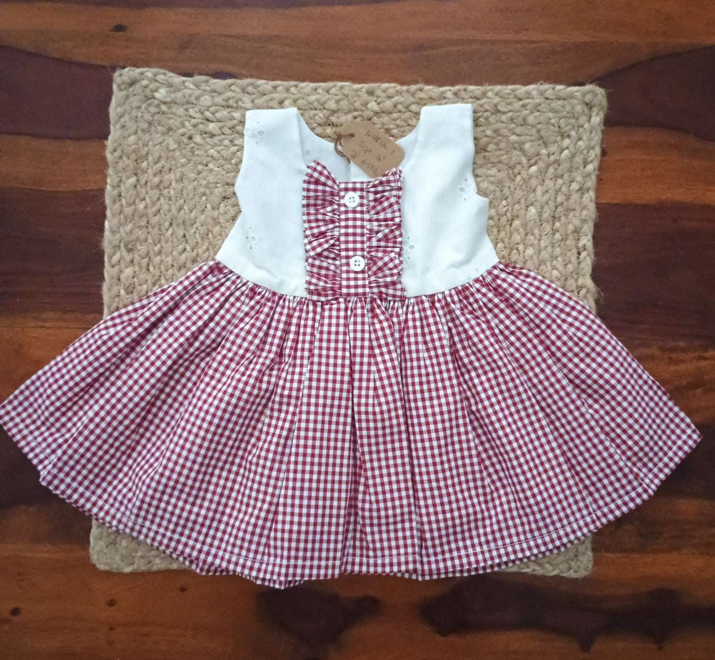 White hakoba red checks dress